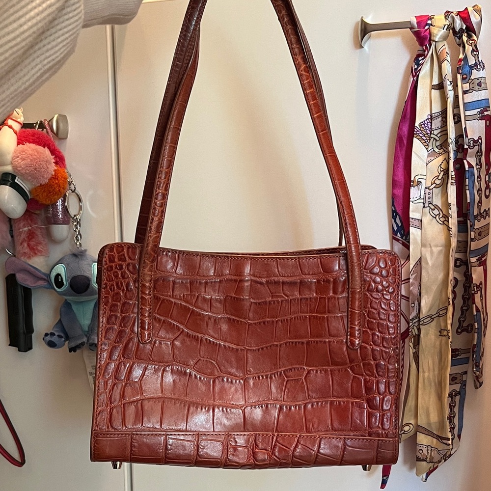 Monsac Rich Brown Crocodile-Embossed Shoulder Bag